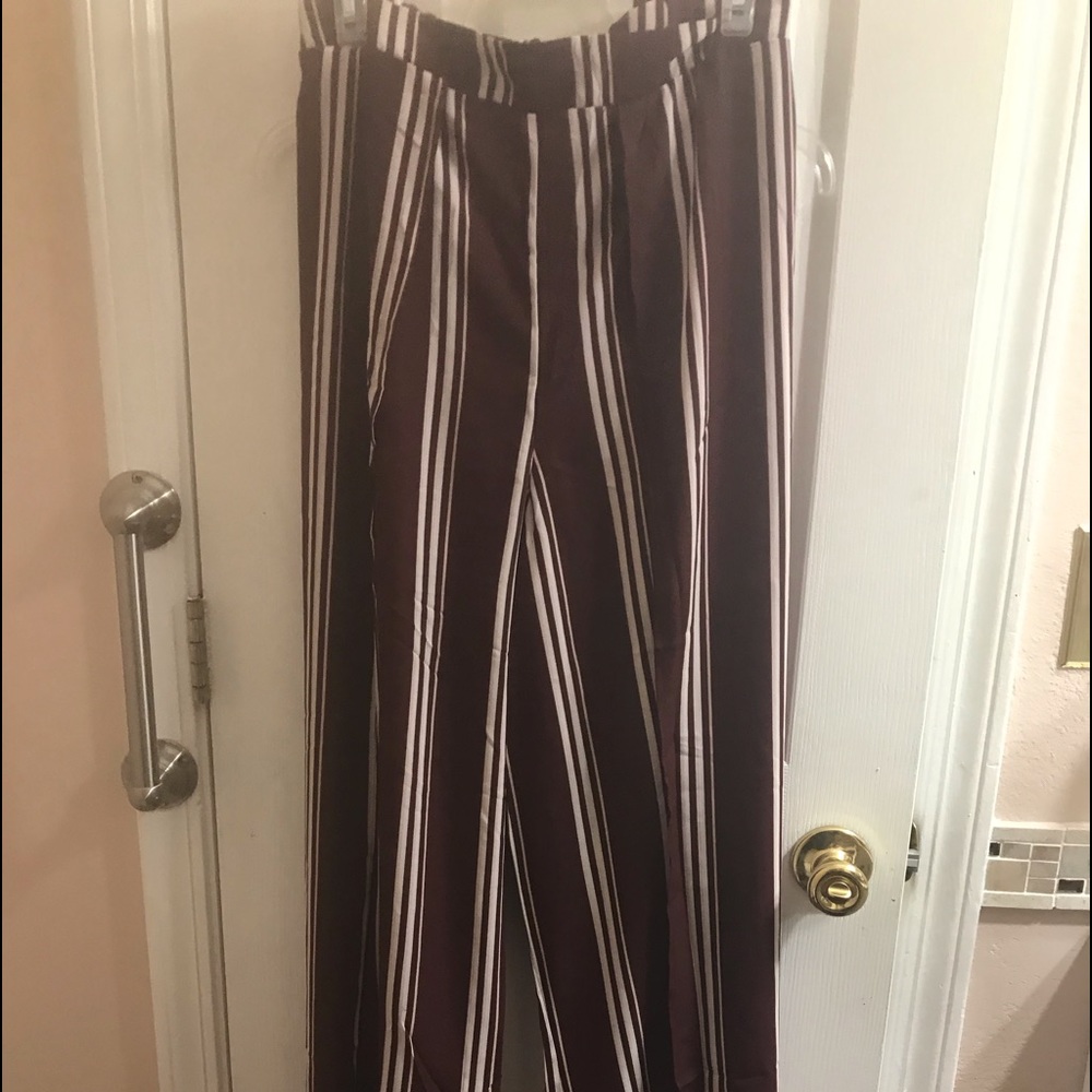 Burgundy Strip Pants with Hidden Shorts